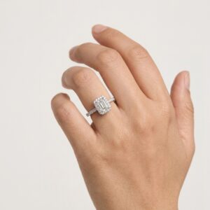 natural emerald cut diamond, halo ring design