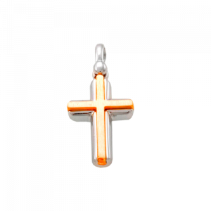 18ct Two Tone Cross Polished white gold base raised matte finish yellow gold centre. Made in Italy