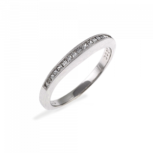 18ct White gold diamond set wedding ring featuring 17 princess cut diamonds channel set with mill grain edge.