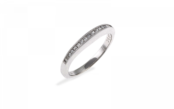 18ct White gold diamond set wedding ring featuring 17 princess cut diamonds channel set with mill grain edge.