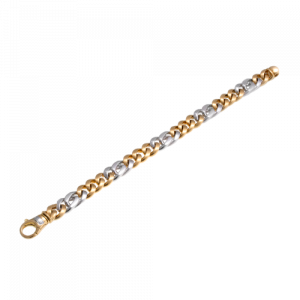 18ct  Solid yellow & white gold bracelet featuring  three matte finish yellow gold curb links with one polished white gold double curb link. The bracelet is also all polished on the opposite side. Bracelet  can be worn reversible.