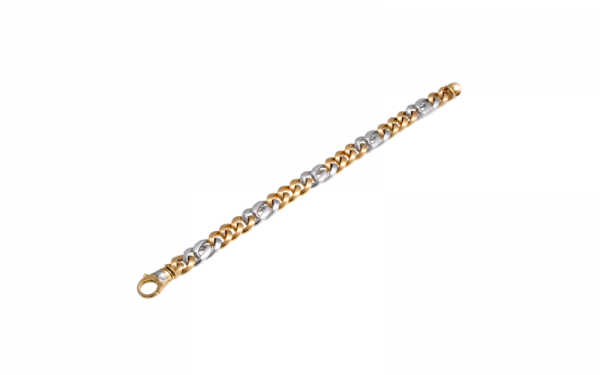 18ct  Solid yellow & white gold bracelet featuring  three matte finish yellow gold curb links with one polished white gold double curb link. The bracelet is also all polished on the opposite side. Bracelet  can be worn reversible.