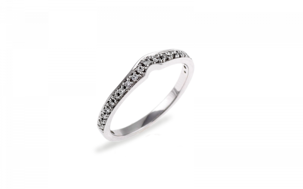 18ct white gold  ladies diamond wedding ring, including 21 round brilliant cut diamonds grain set into a curved band. This ring has been specifically designed to fit along side another ring which will interlock together.