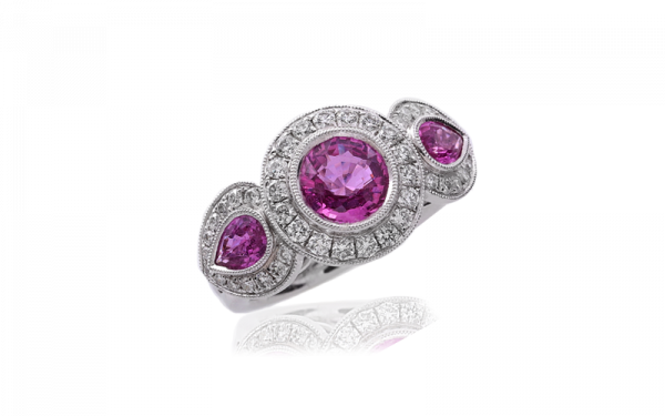 18ct white gold pink sapphire ring with diamonds halo design