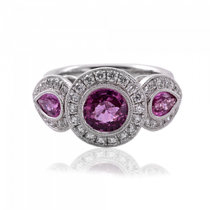 18ct white gold pink sapphire ring with diamonds halo design