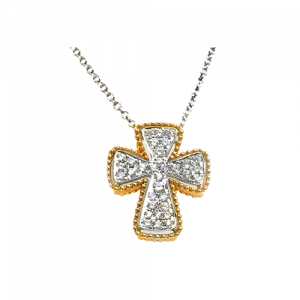 18ct two tone diamond set cross including chain