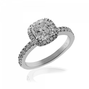 18ct White gold ladies  Cushion cut Halo diamond ring featuring 1 x 1.51ct Cushion cut diamond centre accompanied by a GIA certification.