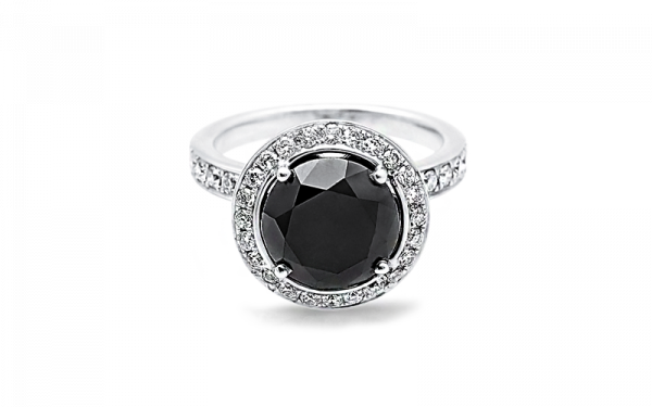 black halo ivy leaf design engagement ring   with white diamonds halo design