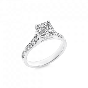Radiant cut diamond ladies ring featuring round brilliant cut diamonds in 18ct white gold