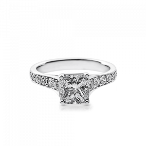 Radiant cut diamond ladies ring featuring round brilliant cut diamonds in 18ct white gold