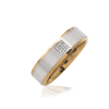 Mens ring with matte finish white gold centre and polished yellow gold rounded edges set with brilliant cut diamonds in a square grain set in the centre.