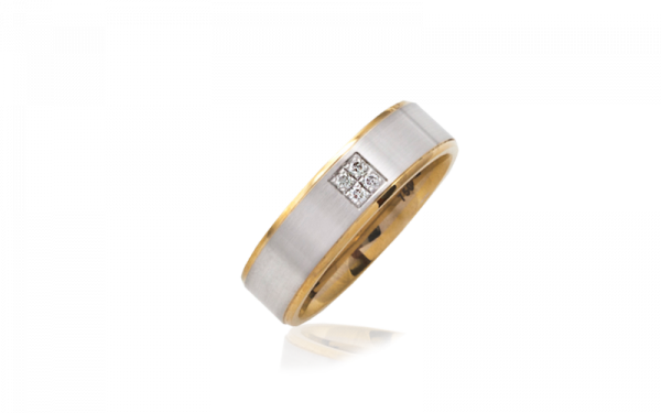 Mens ring with matte finish white gold centre and polished yellow gold rounded edges set with brilliant cut diamonds in a square grain set in the centre.