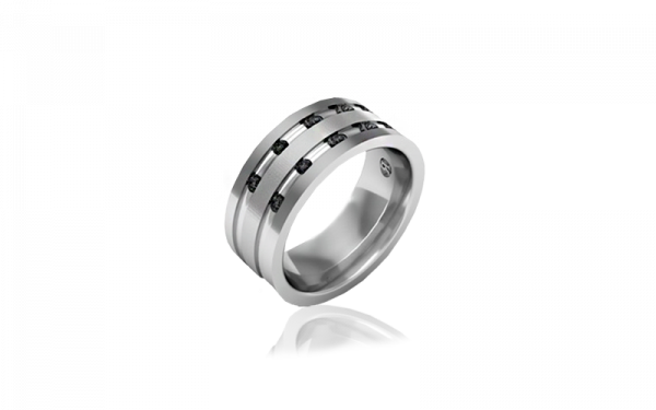 Gents ring diamond set sand blast finish centre polished concave channels on sides with black brilliant cut diamonds channel set.