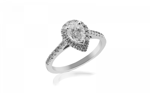 Pear shape diamond halo ladies diamond ring Ivy design