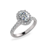Oval Halo white gold design features an oval shaped diamond surrounded by brilliant cut diamonds including down the shoulders on a fine low band.