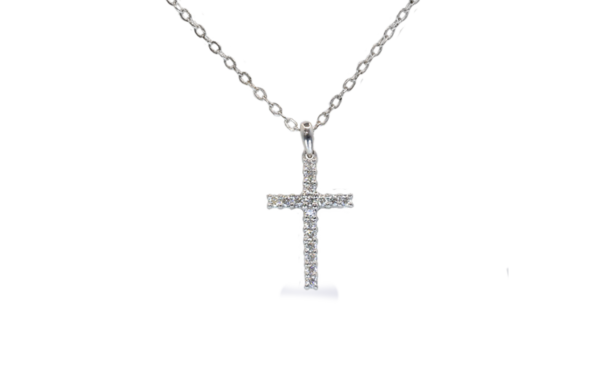 18ct white Diamond cross set with brilliant cut diamonds in shared claw settings on a fine bail. Chain not included. A wonderful gift idea.