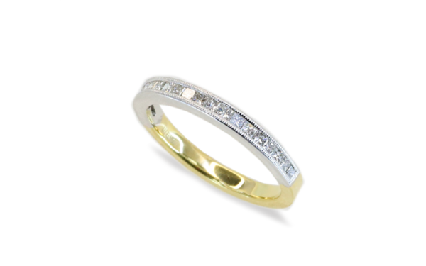 18ct two tone princess cut channel set wedding ring