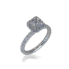This halo style ring - Delora - features an Asscher cut diamond claw set in centre surrounded by brilliant cut diamonds in the halo and down the band.