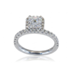 This halo style ring - Delora - features an Asscher cut diamond claw set in centre surrounded by brilliant cut diamonds in the halo and down the band.