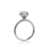 This halo style ring - Delora - features an Asscher cut diamond claw set in centre surrounded by brilliant cut diamonds in the halo and down the band.