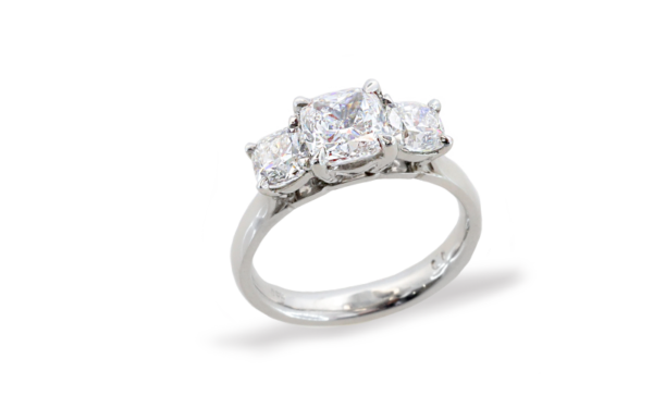 Ladies Three Stone Rings | Trilogy diamond rings in Melbourne. Cushion cut diamond ring.